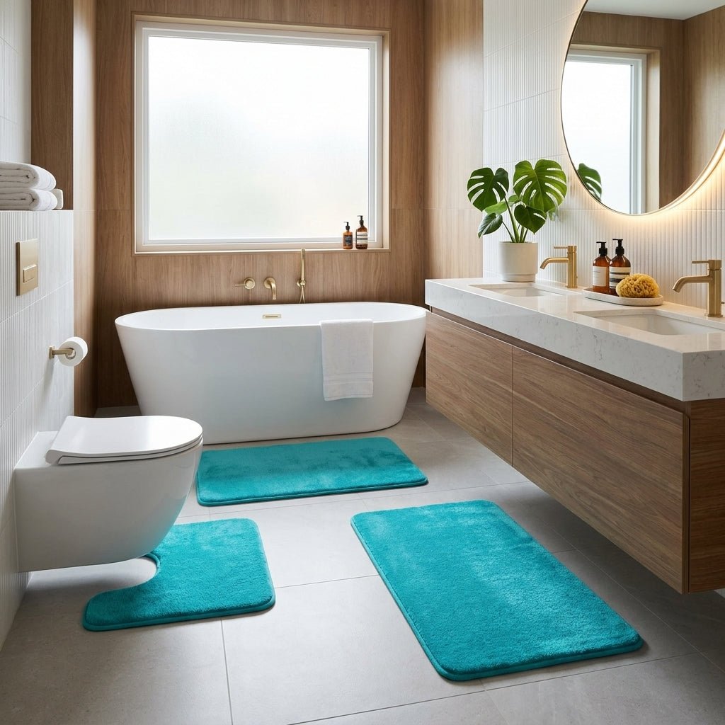 3 - Piece Bath Mat Set Made of Soft Coral Fleece - Bath Mat - Blue - Seravelle Home