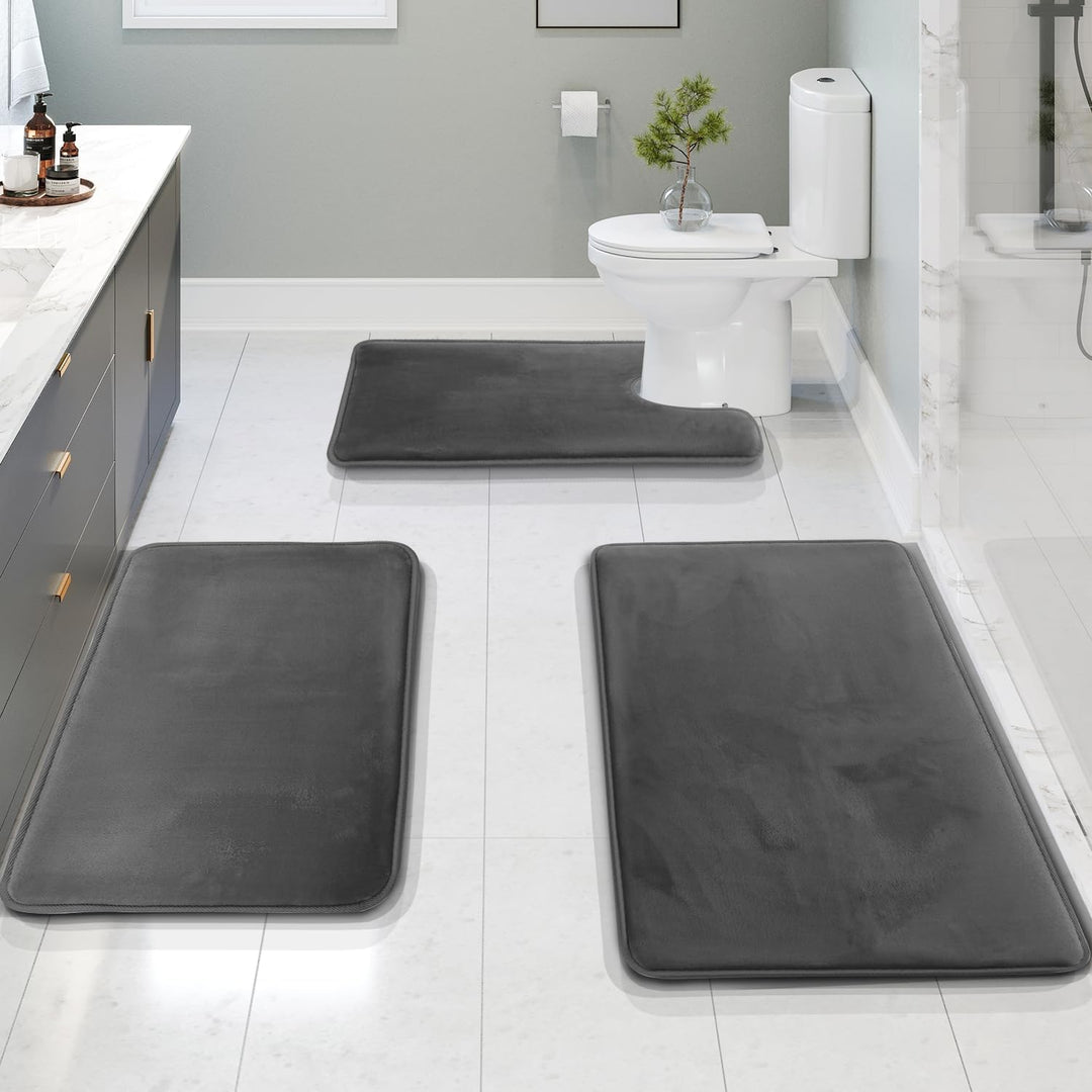 3 - Piece Bath Mat Set Made of Soft Coral Fleece - Bath Mat - Dark Grey - Seravelle Home