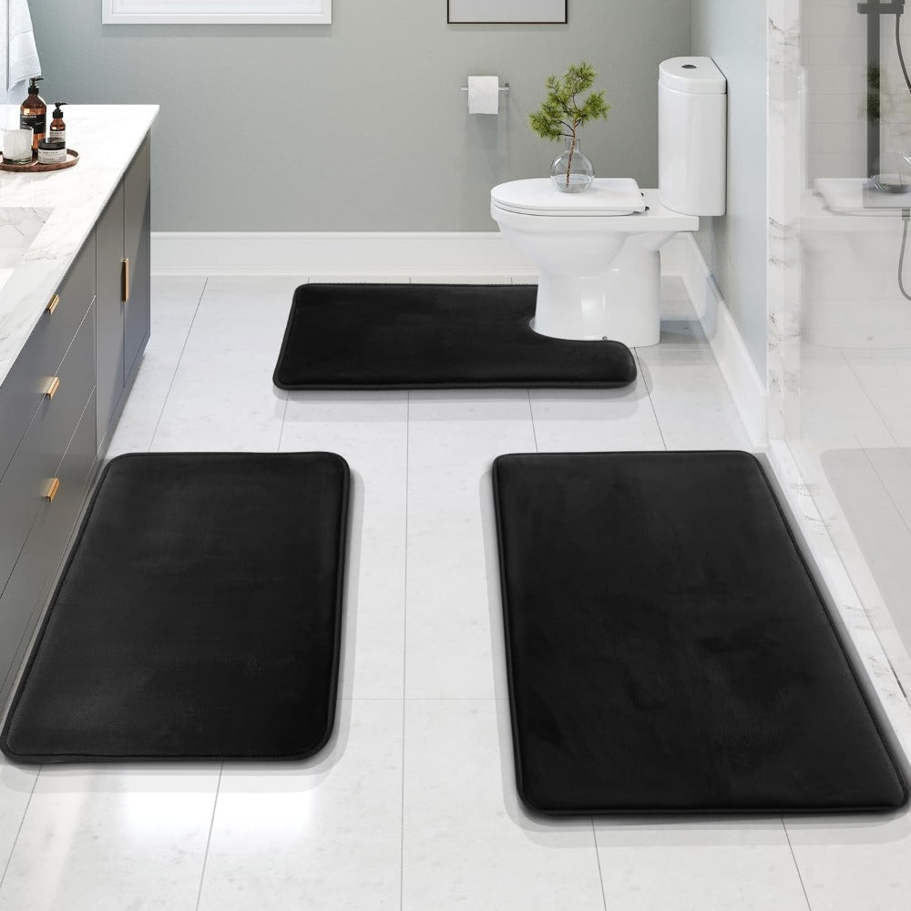 3 - Piece Bath Mat Set Made of Soft Coral Fleece - Bath Mat - Black - Seravelle Home