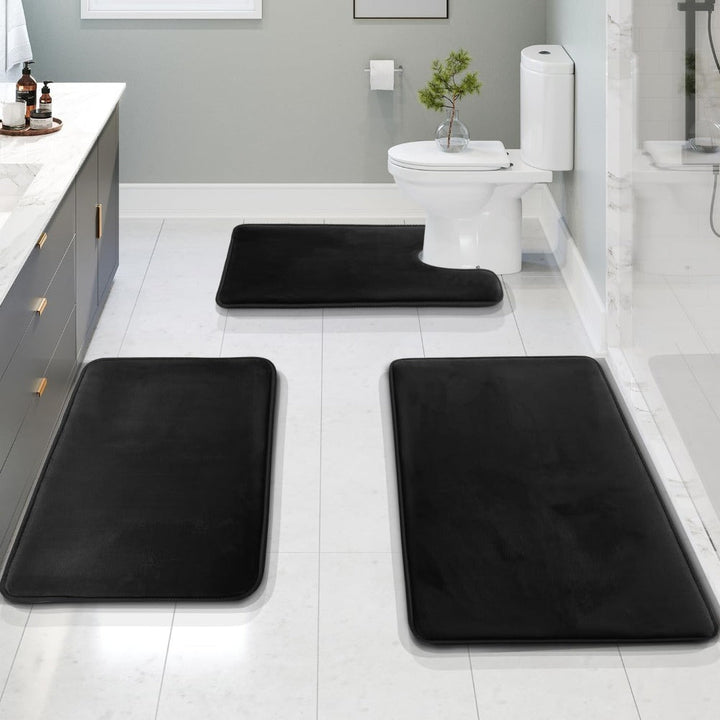 3 - Piece Bath Mat Set Made of Soft Coral Fleece - Bath Mat - Black - Seravelle Home