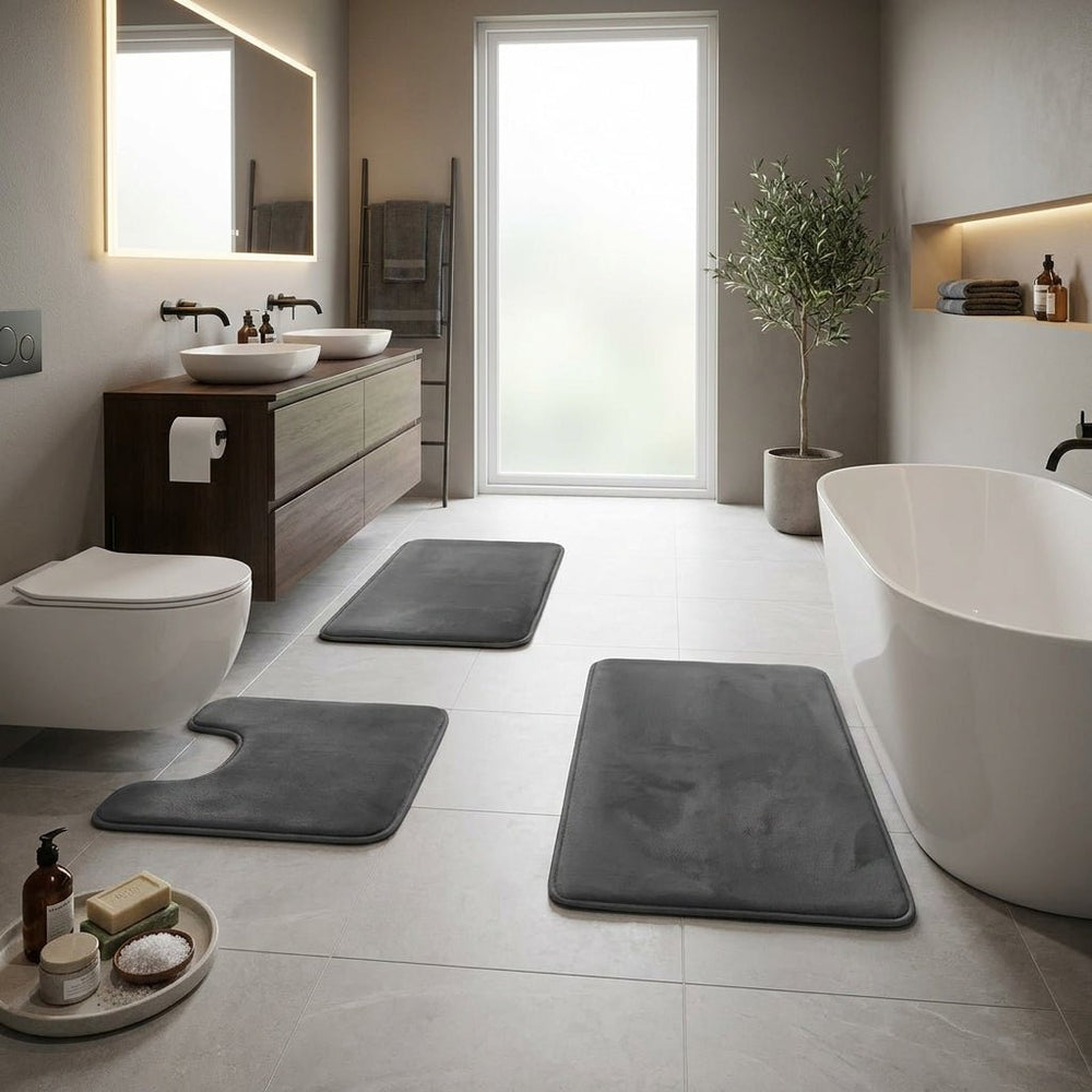 3 - Piece Bath Mat Set Made of Soft Coral Fleece - Bath Mat - Dark Grey - Seravelle Home