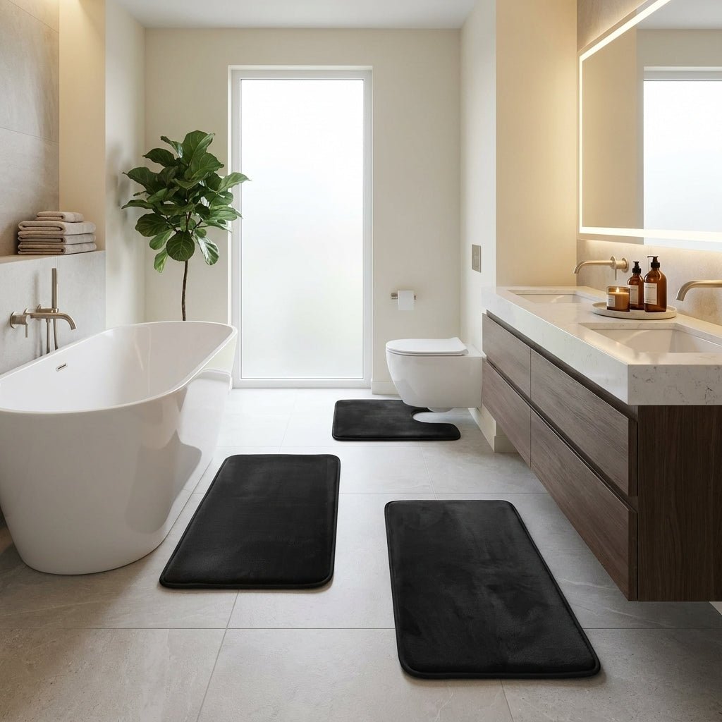 3 - Piece Bath Mat Set Made of Soft Coral Fleece - Bath Mat - Black - Seravelle Home