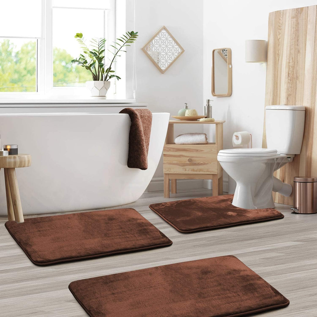 3 - Piece Bath Mat Set Made of Soft Coral Fleece - Bath Mat - Brown - Seravelle Home