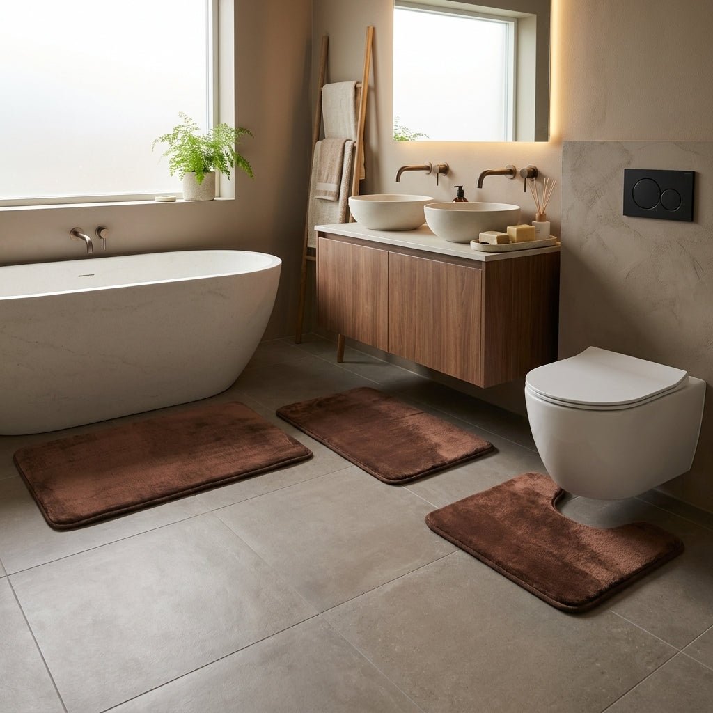 3 - Piece Bath Mat Set Made of Soft Coral Fleece - Bath Mat - Brown - Seravelle Home
