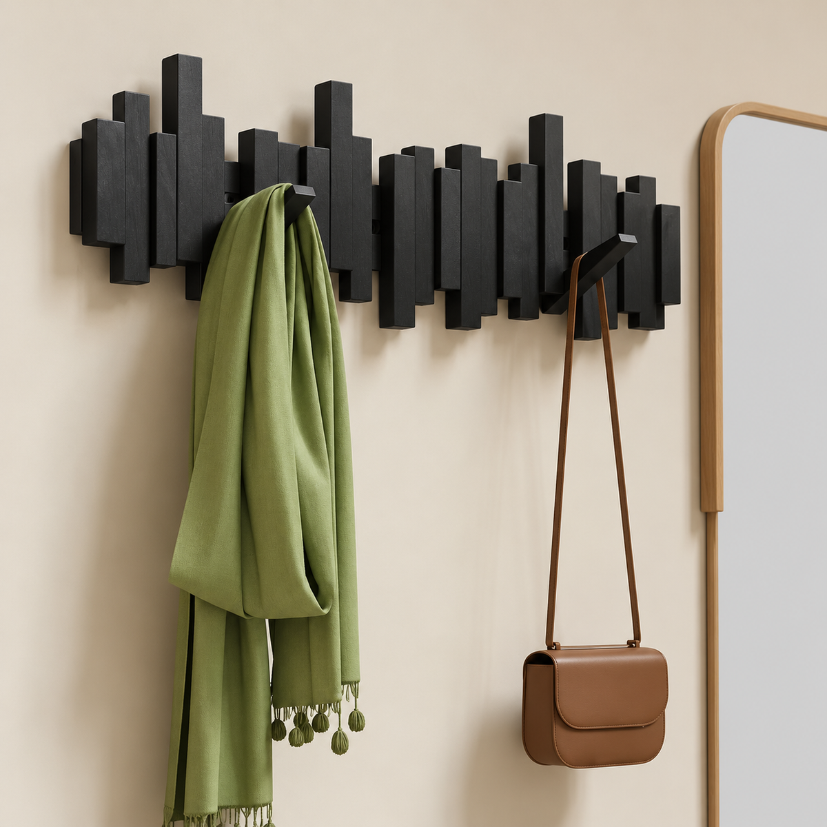 Wooden Wall Mounted Coat Rack with Folding Hooks