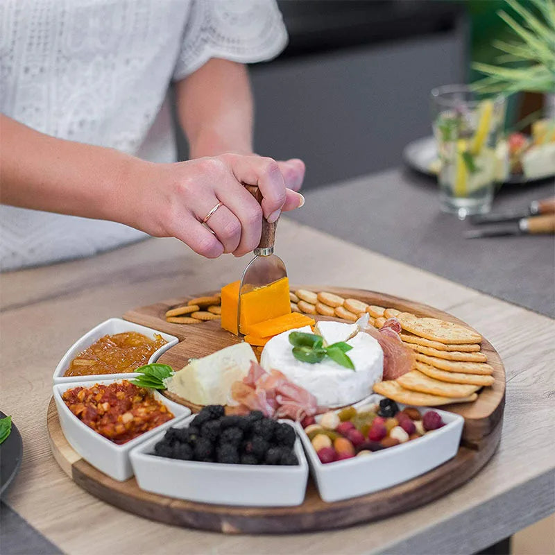 Cheese Board Set Made of Wood with Integrated Bowls and Cutlery