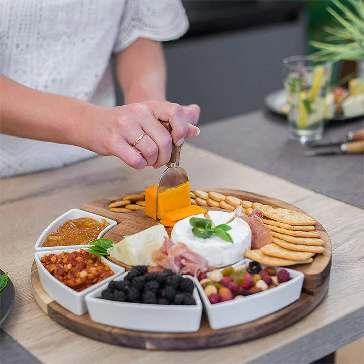 Cheese Board Set Made of Wood with Integrated Bowls and Cutlery