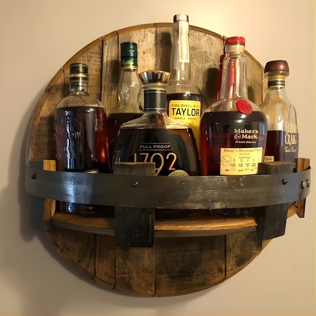 Wall shelf made of solid wood in rustic wine barrel design