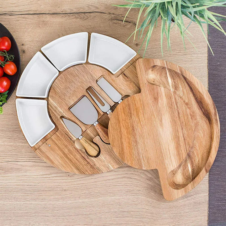 Cheese Board Set Made of Wood with Integrated Bowls and Cutlery