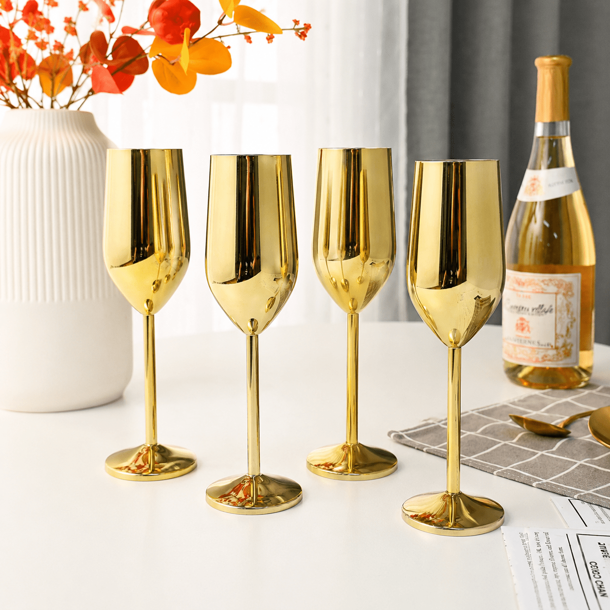 4pcs Set Stainless Steel Champagne Flute - Champagne Flutes - Gold - Seravelle Home