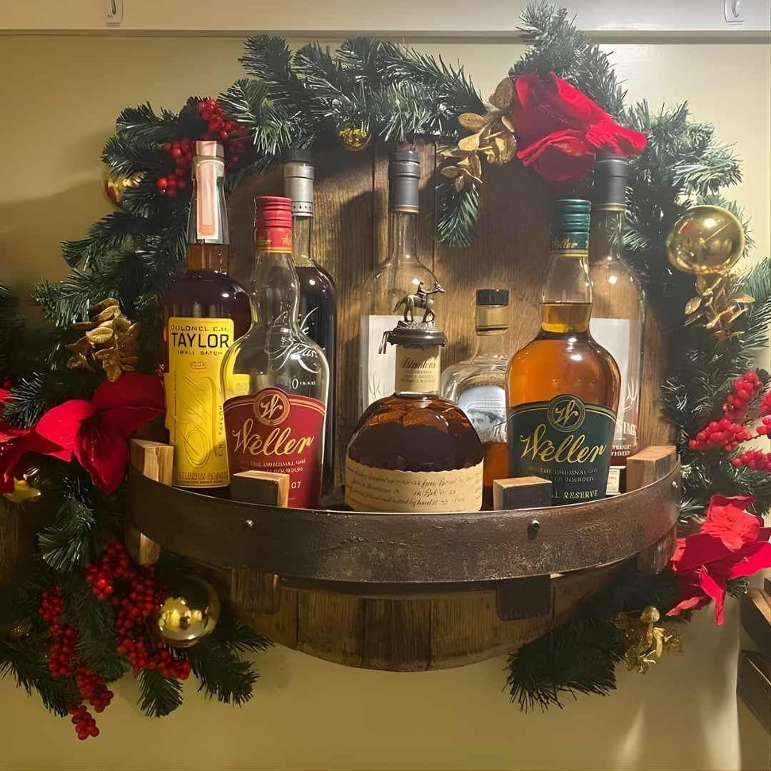 Wall shelf made of solid wood in rustic wine barrel design