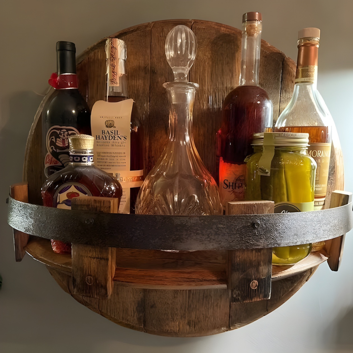 Wall shelf made of solid wood in rustic wine barrel design