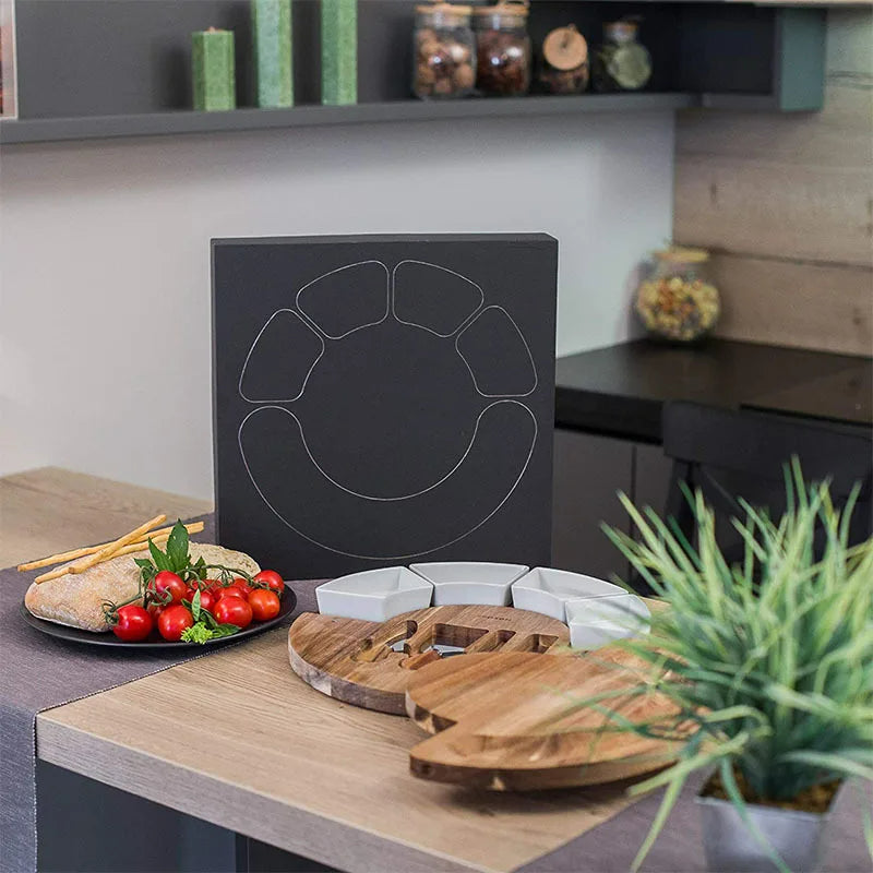 Cheese Board Set Made of Wood with Integrated Bowls and Cutlery