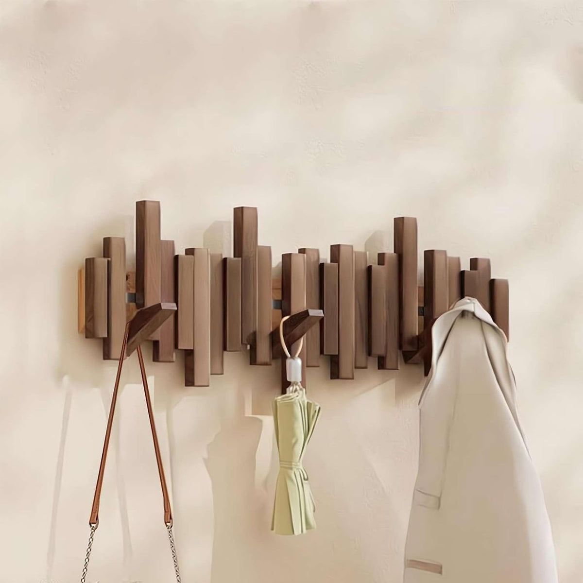 Wooden Wall Mounted Coat Rack with Folding Hooks