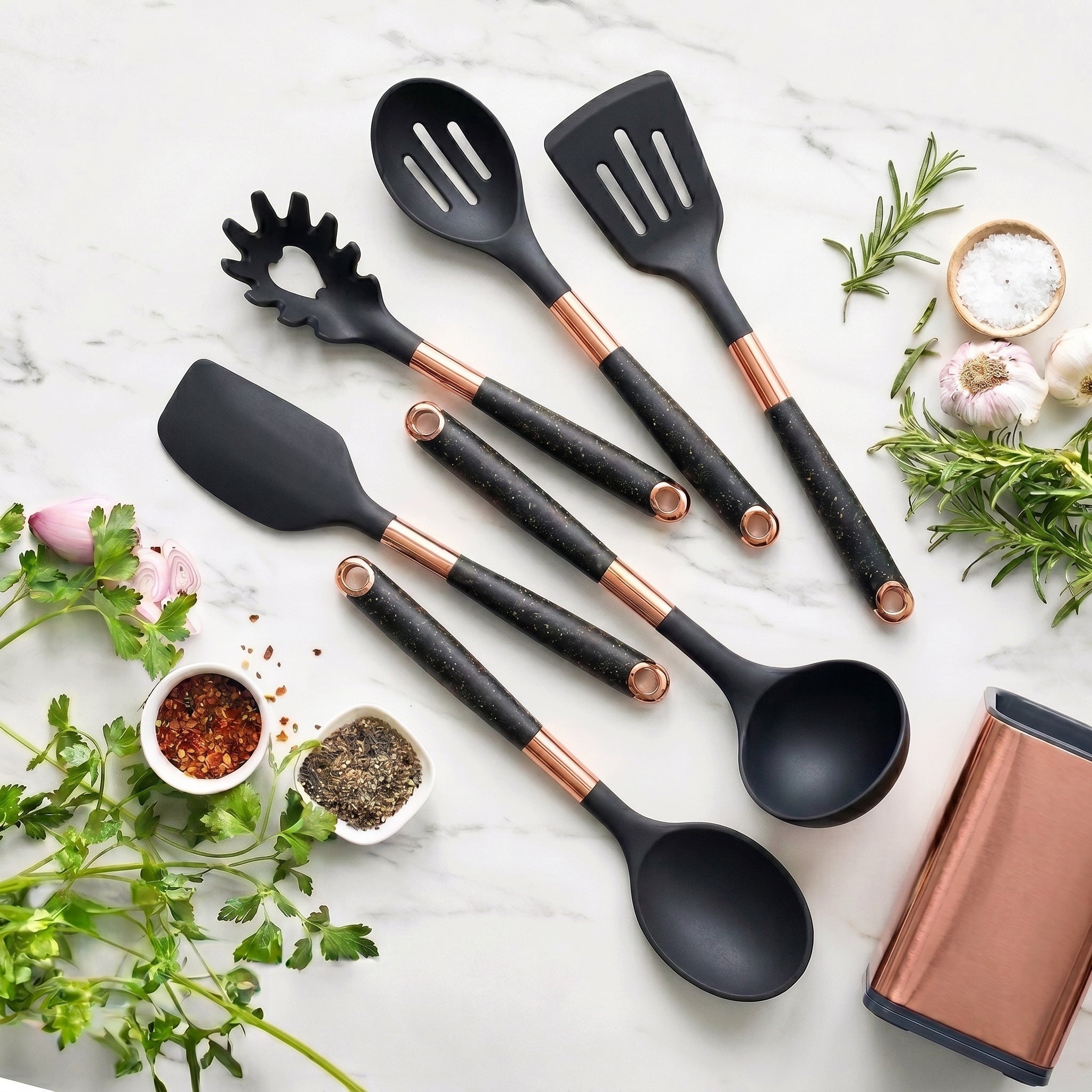 7-Piece Non-Stick Kitchen Utensil Set with Storage Holder - Utencils Set - Black - Seravelle Home