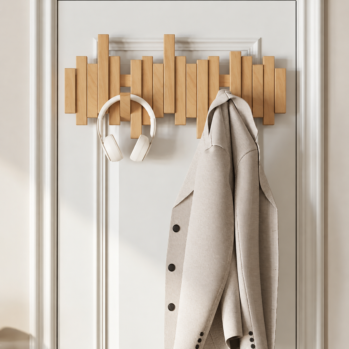Wooden Wall Mounted Coat Rack with Folding Hooks