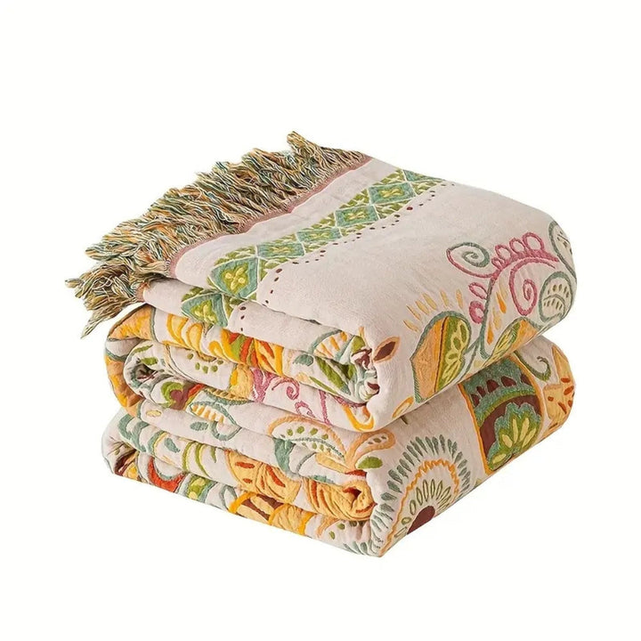 Reversible Blanket in Boho Style with Floral Leaf Pattern