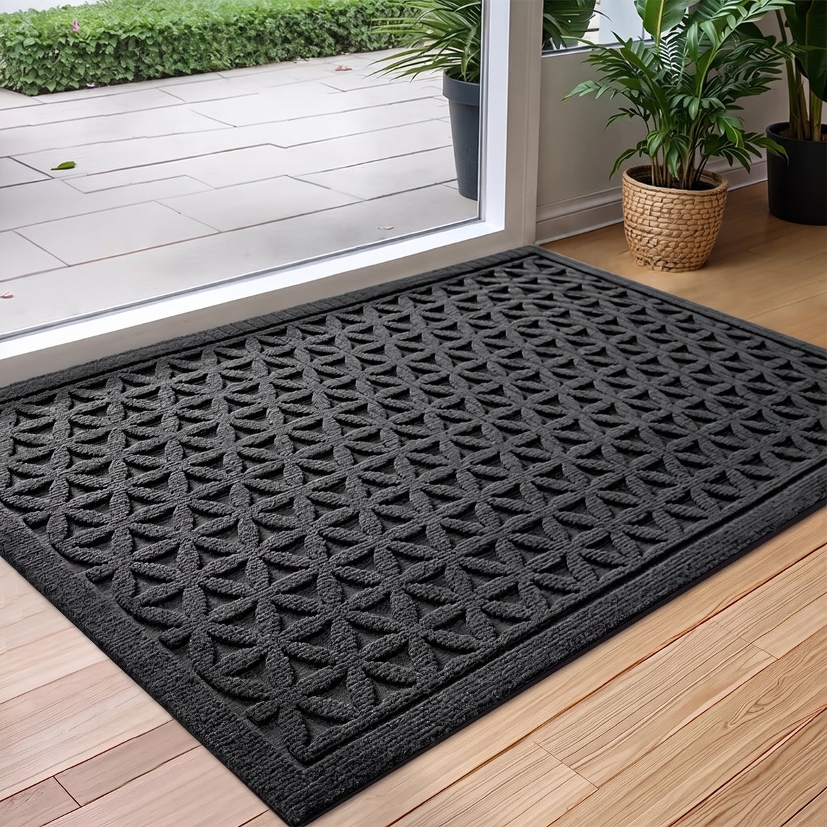 Ribbed Doormat with Arc Pattern for Entryway and Patio