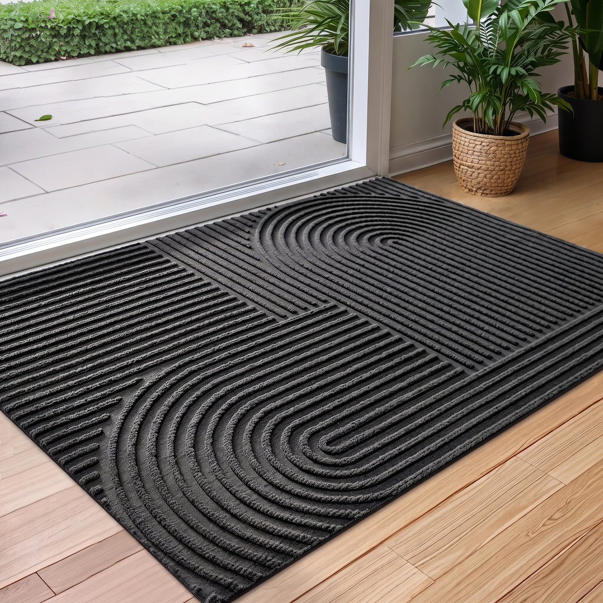 Ribbed Doormat with Arc Pattern for Entryway and Patio