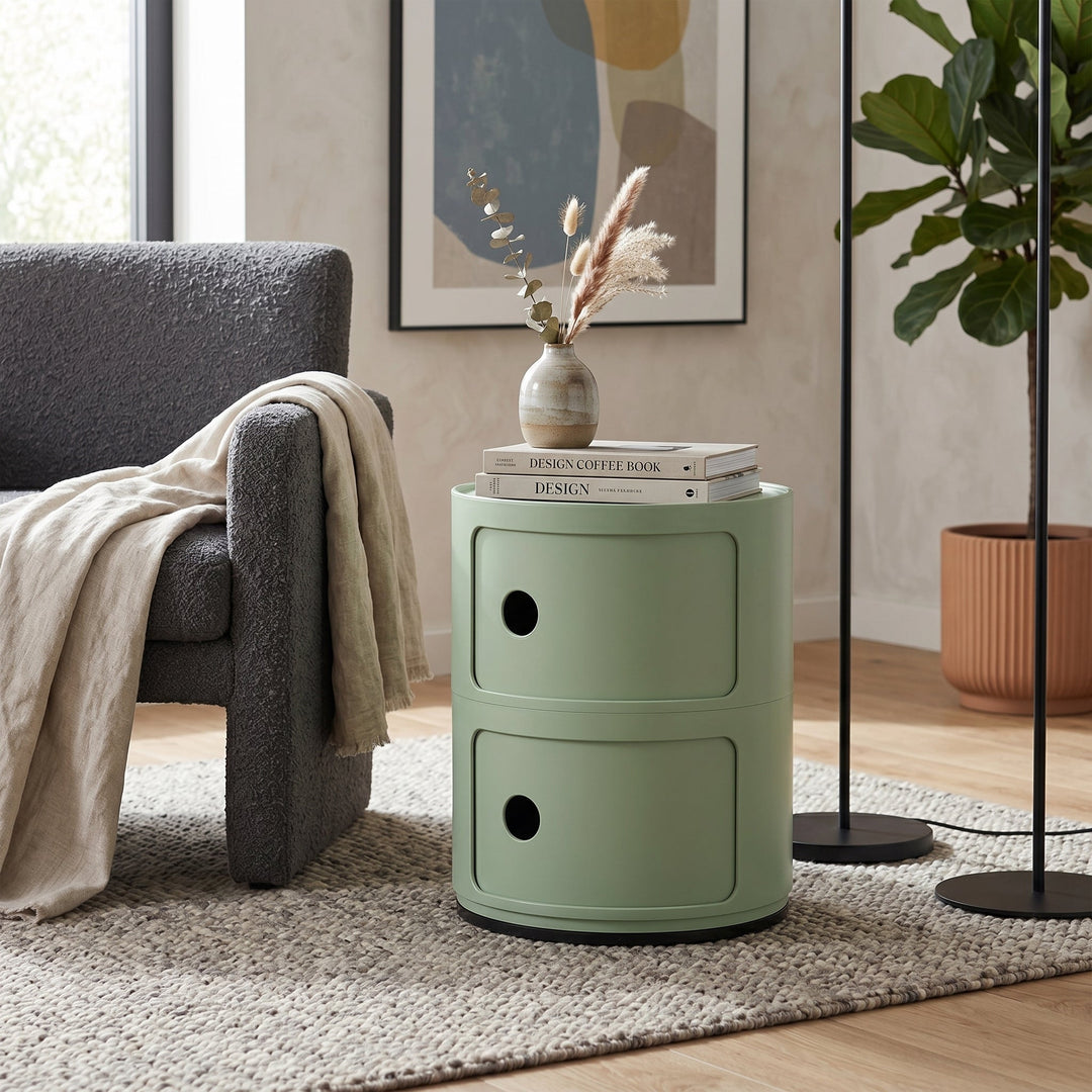 Cylindrical Bedside Table with Revolving Doors and Compartments