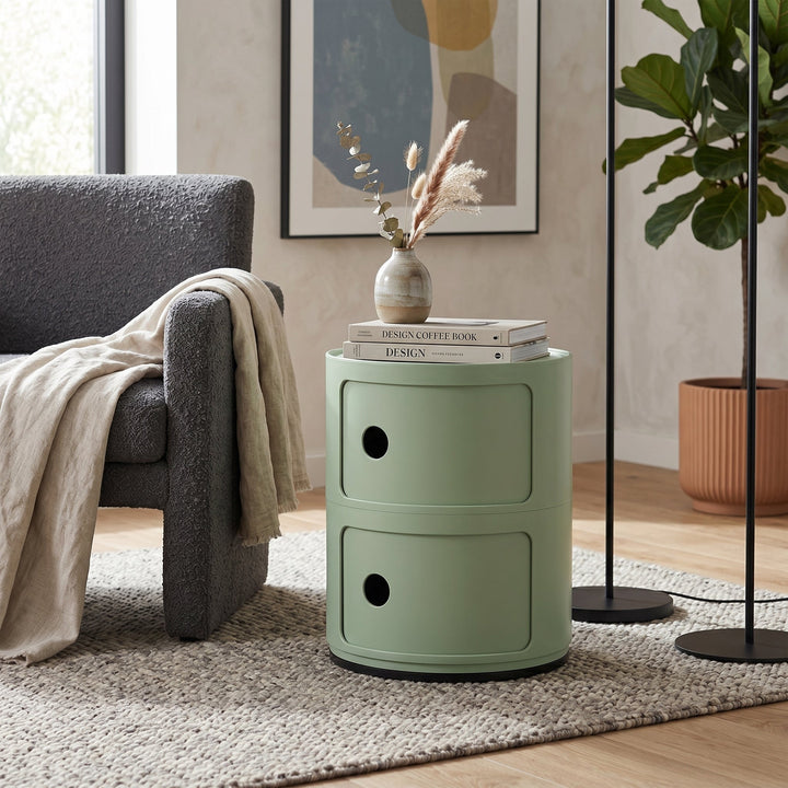 Cylindrical Bedside Table with Revolving Doors and Compartments