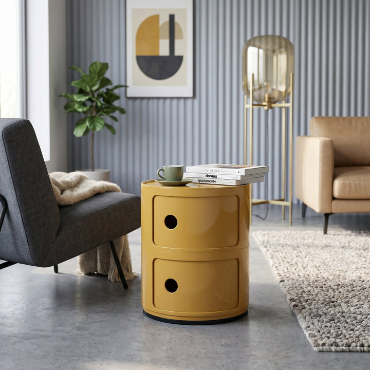 Cylindrical Bedside Table with Revolving Doors and Compartments