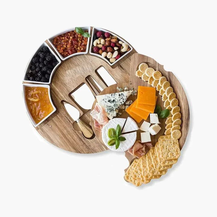 Cheese Board Set Made of Wood with Integrated Bowls and Cutlery