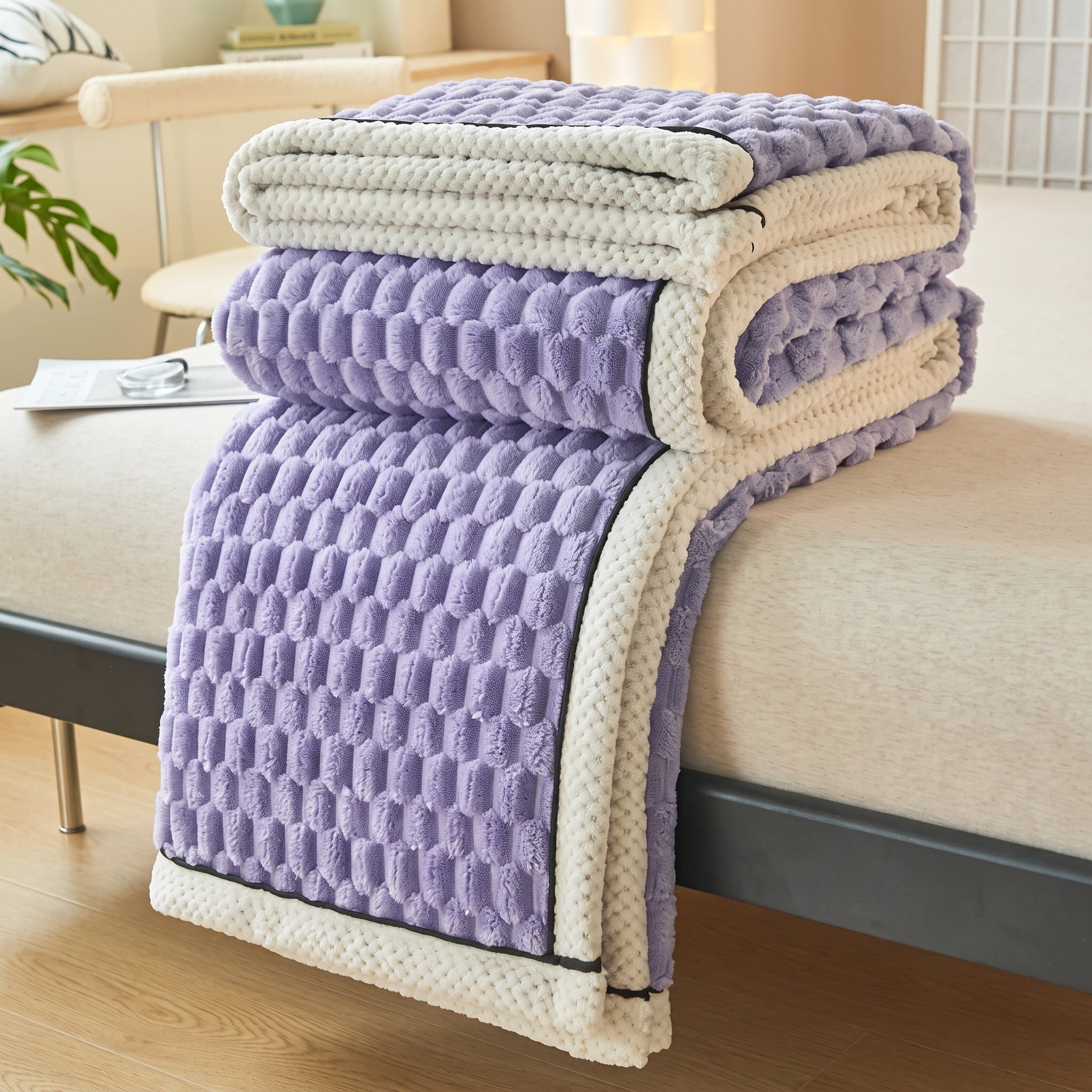 Soft Throw Blanket with Waffle Texture and Contrast Border