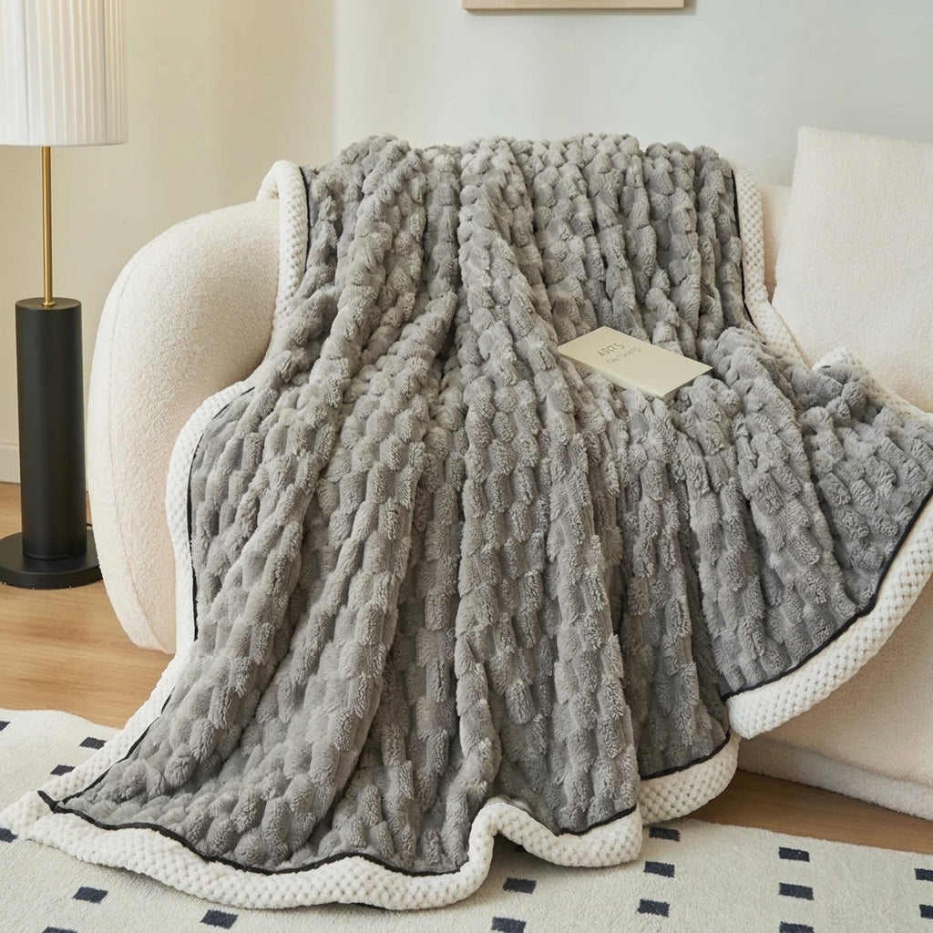Soft Throw Blanket with Waffle Texture and Contrast Border