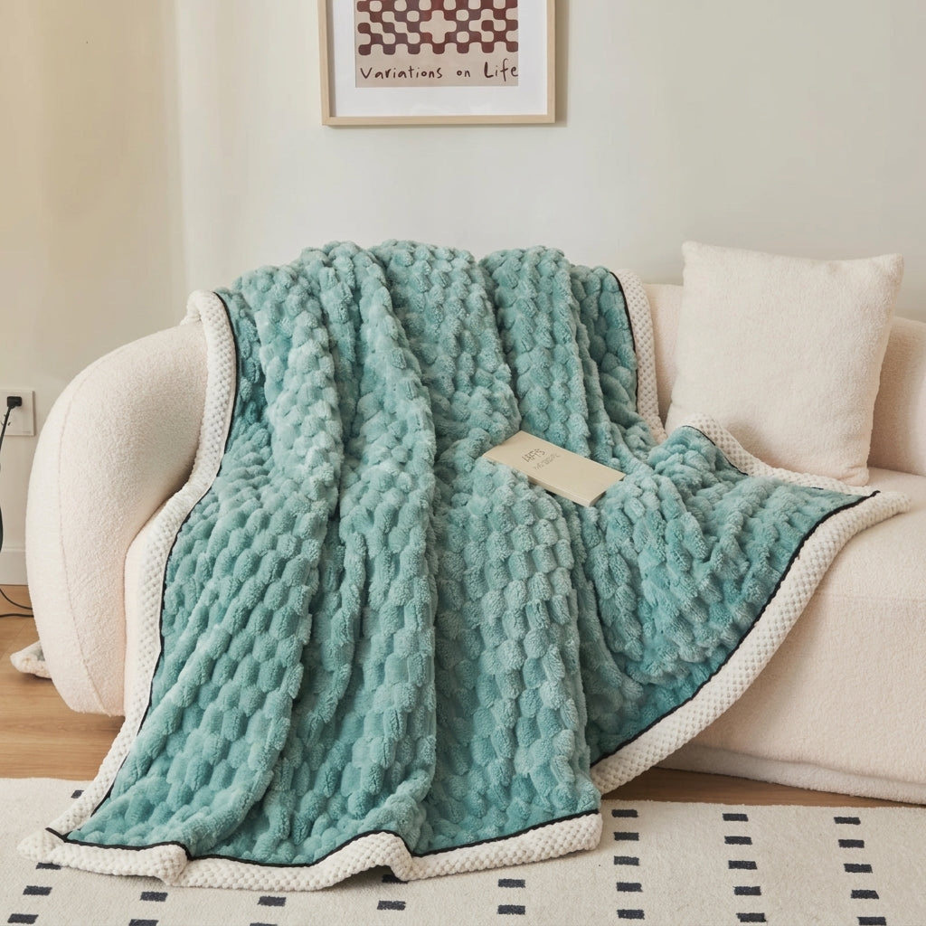 Soft Throw Blanket with Waffle Texture and Contrast Border