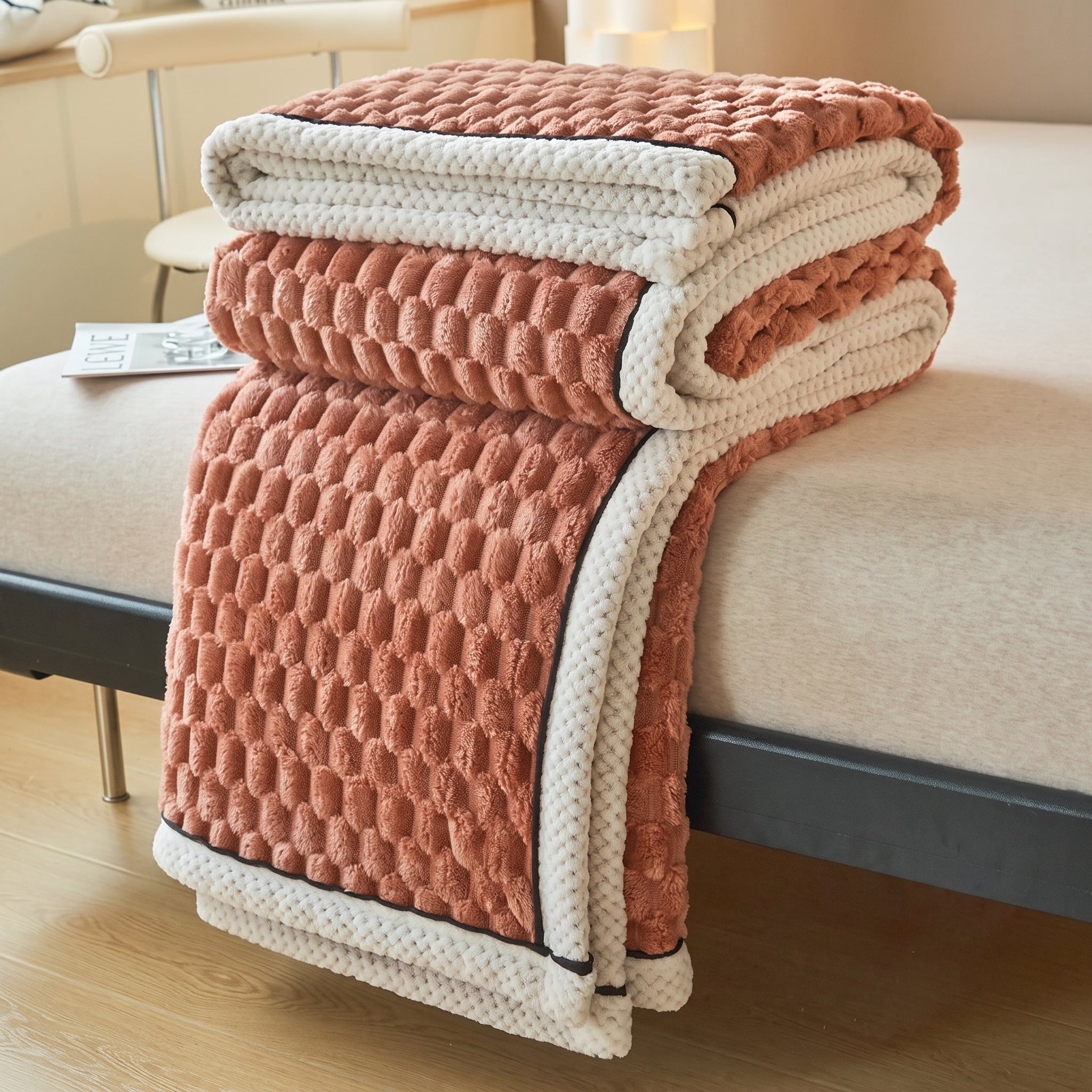 Soft Throw Blanket with Waffle Texture and Contrast Border