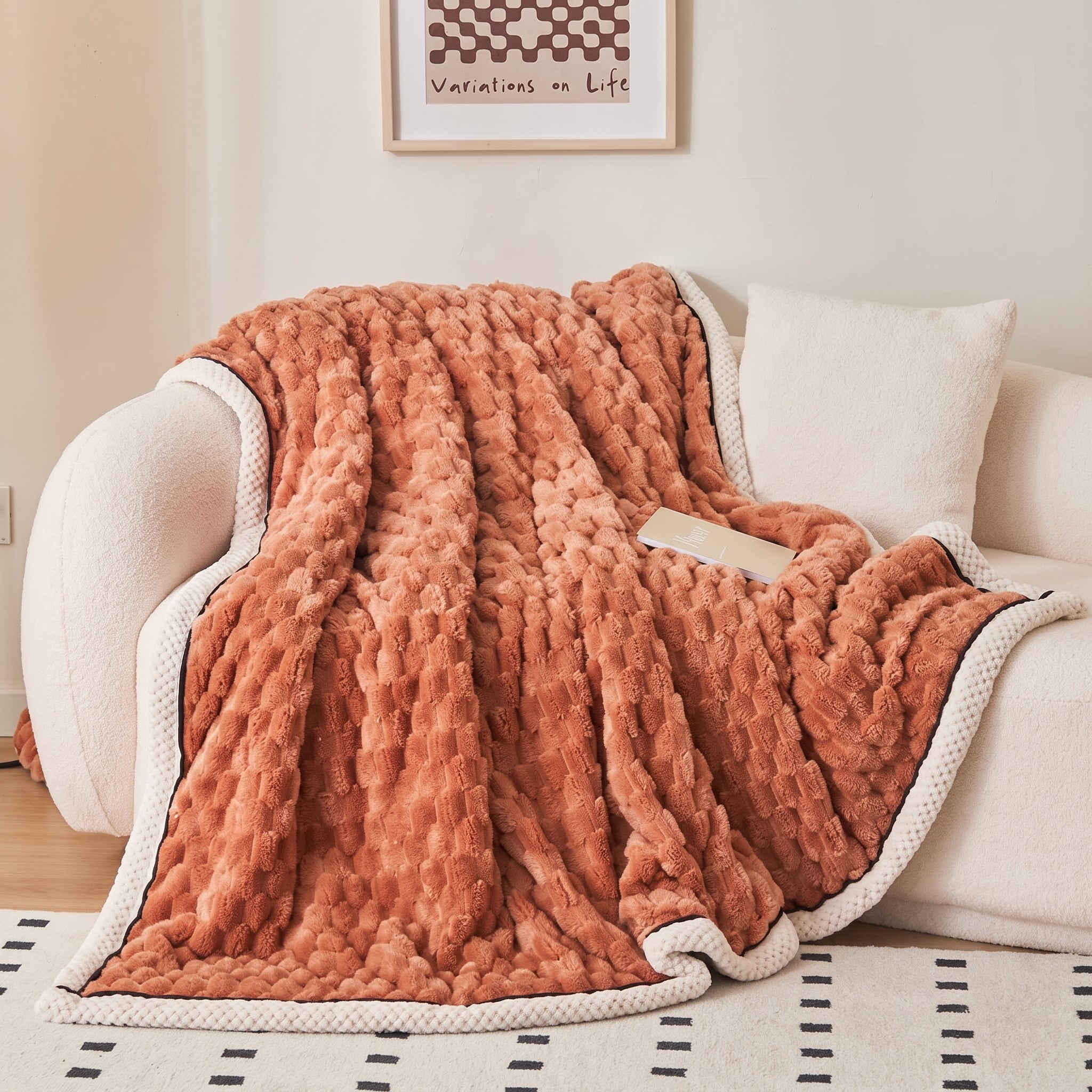 Soft Throw Blanket with Waffle Texture and Contrast Border