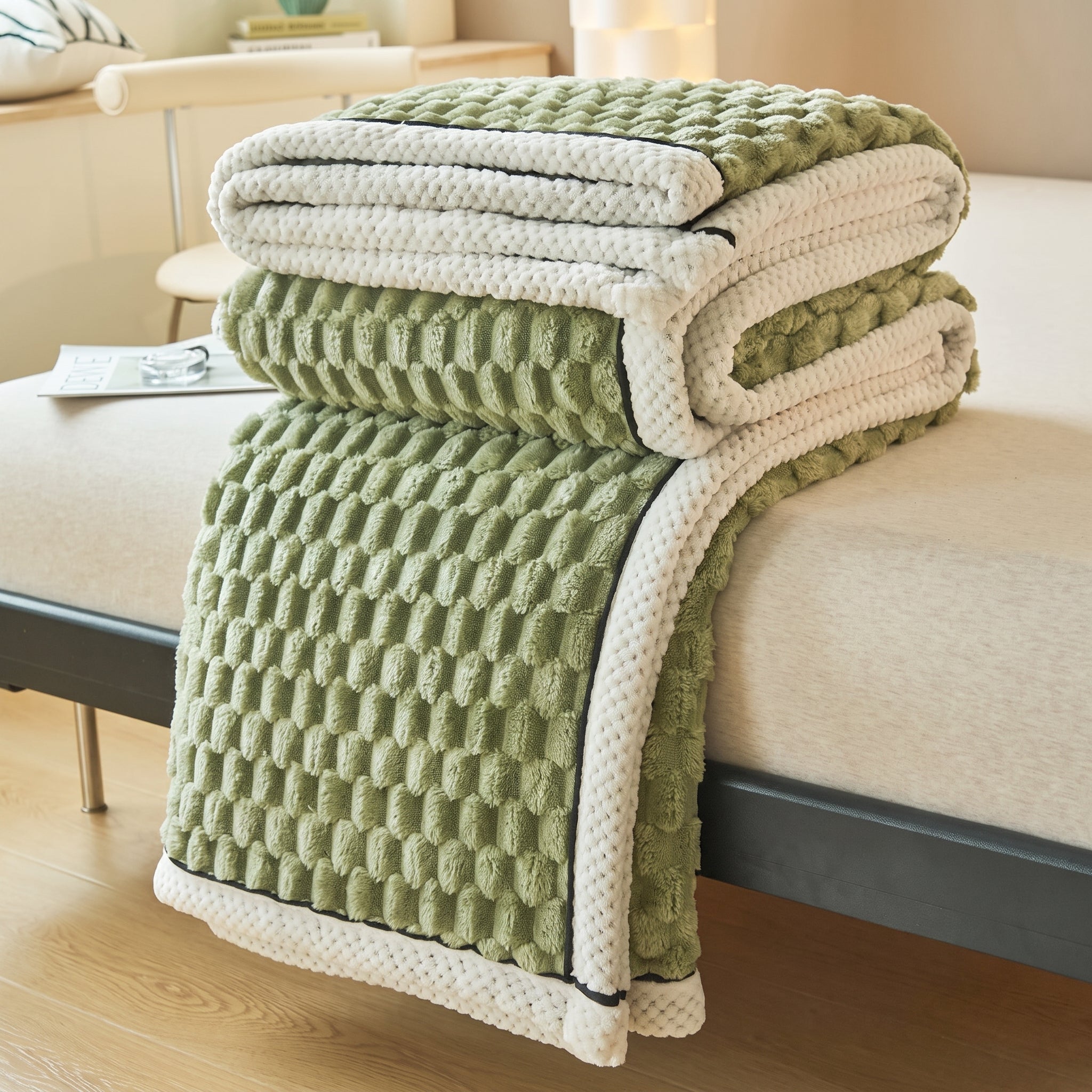 Soft Throw Blanket with Waffle Texture and Contrast Border