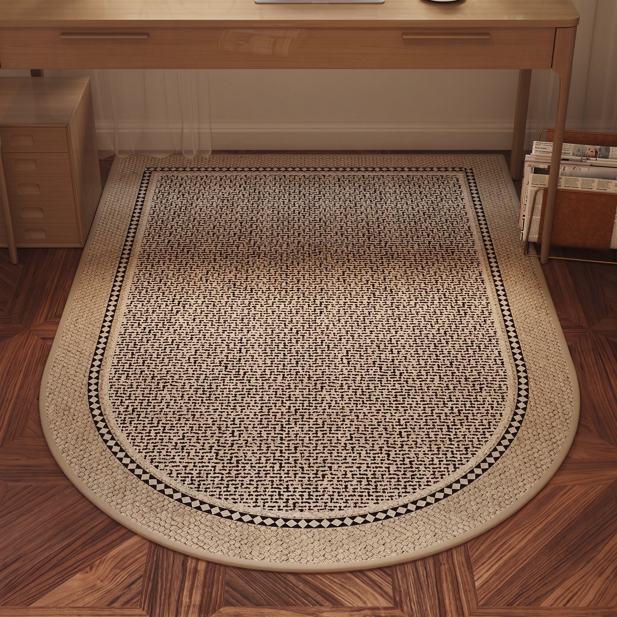 Half-Round Rug with Woven Pattern and Geometric Border