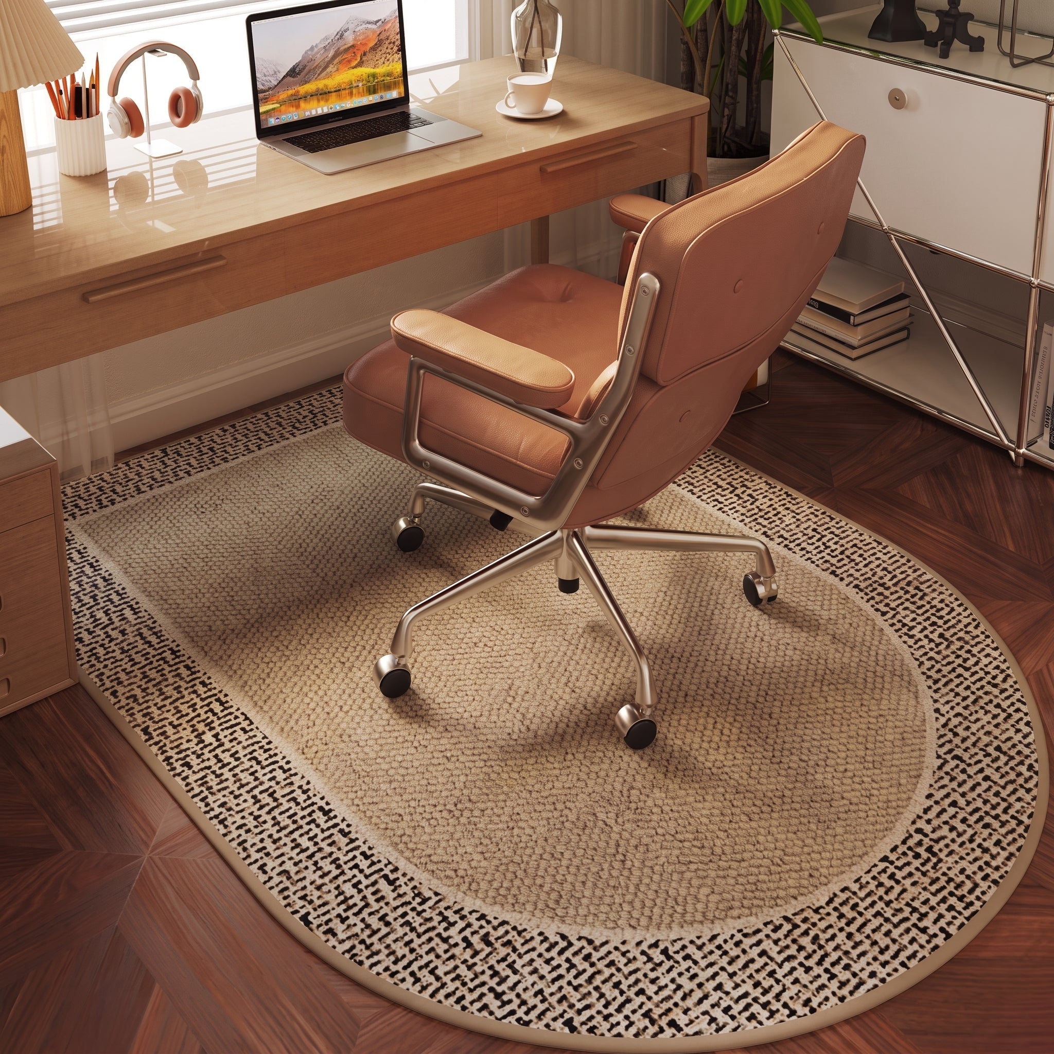 Half-Round Rug with Woven Pattern and Geometric Border