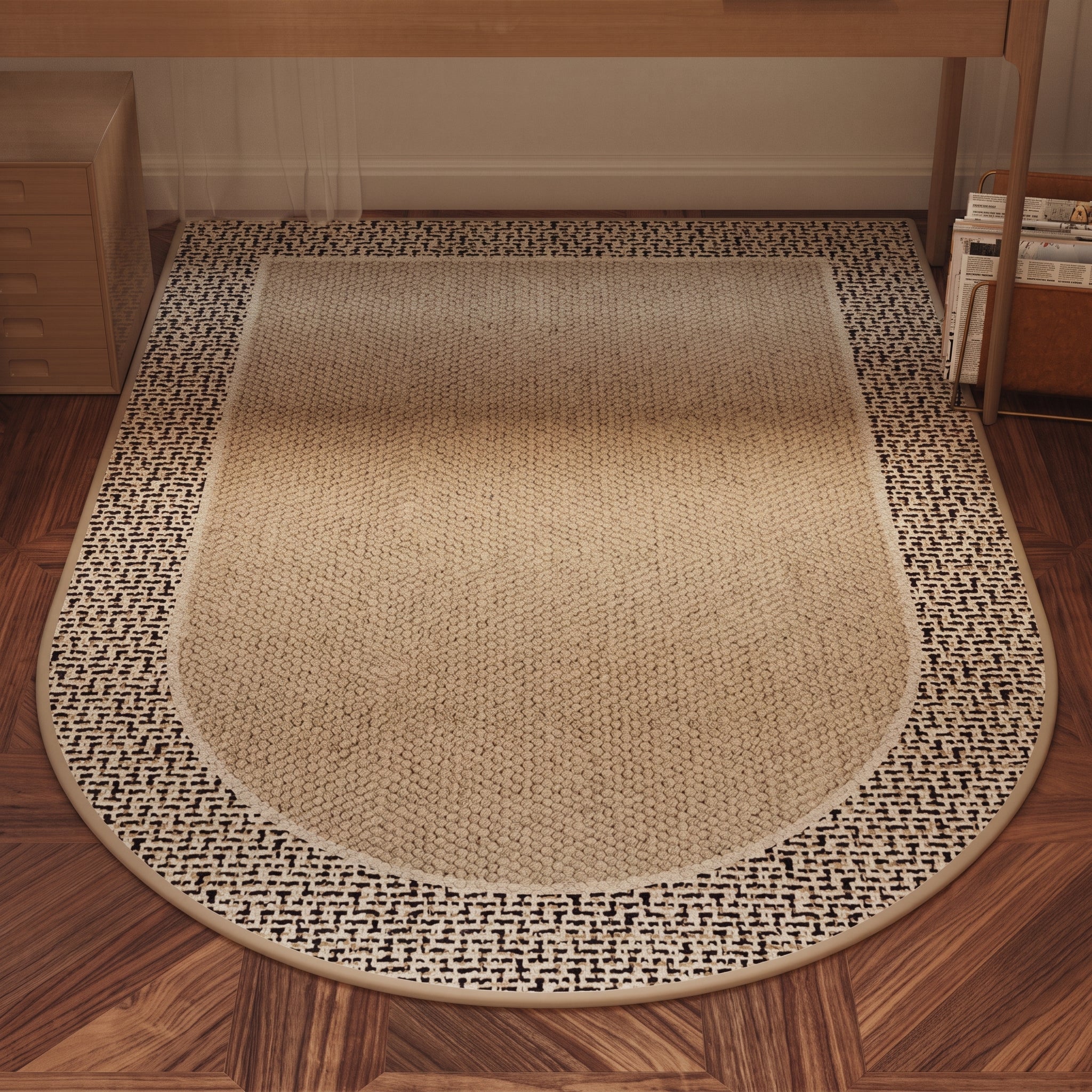 Half-Round Rug with Woven Pattern and Geometric Border