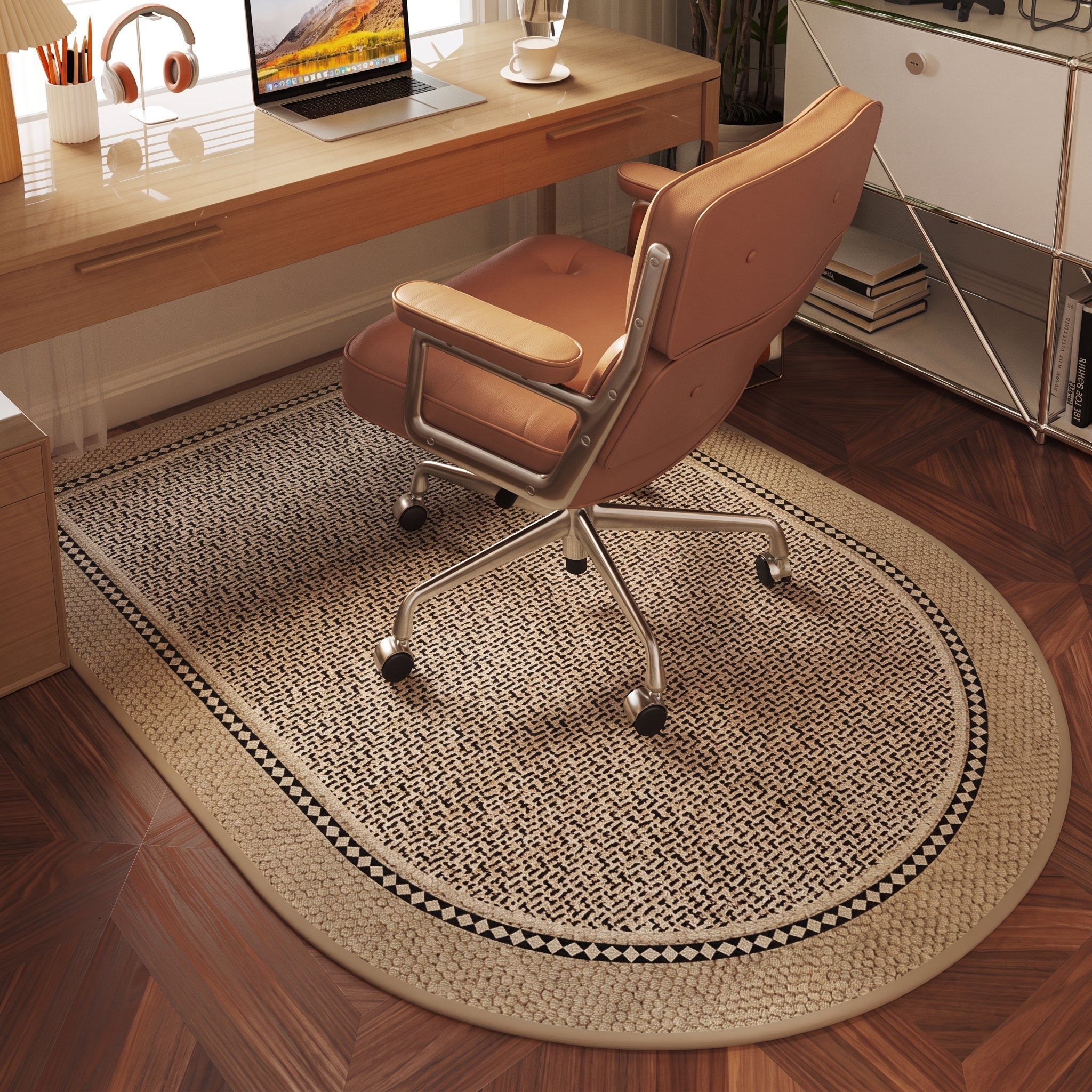 Half-Round Rug with Woven Pattern and Geometric Border