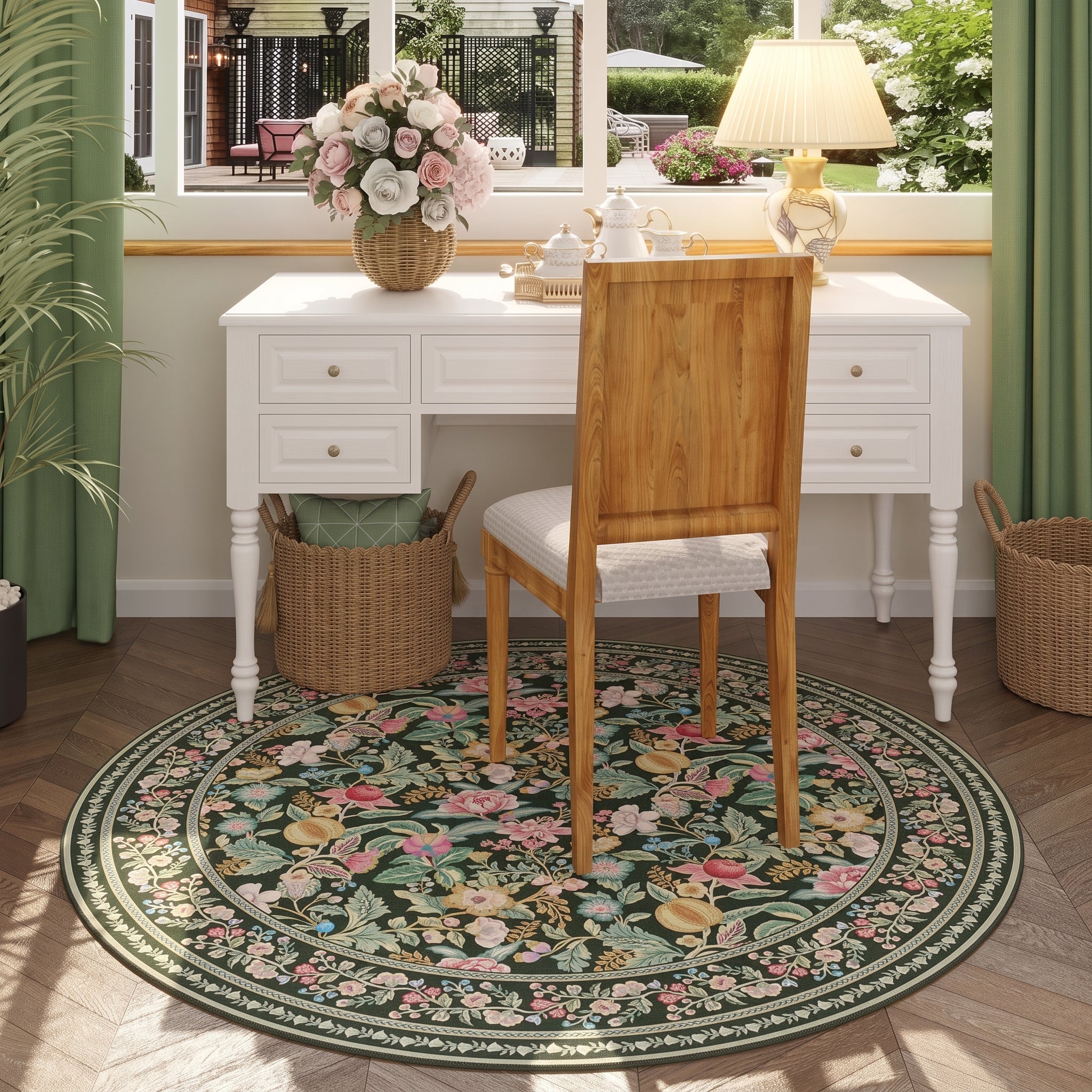 Vintage Botanical Chinoiserie Floral Print Round Rug