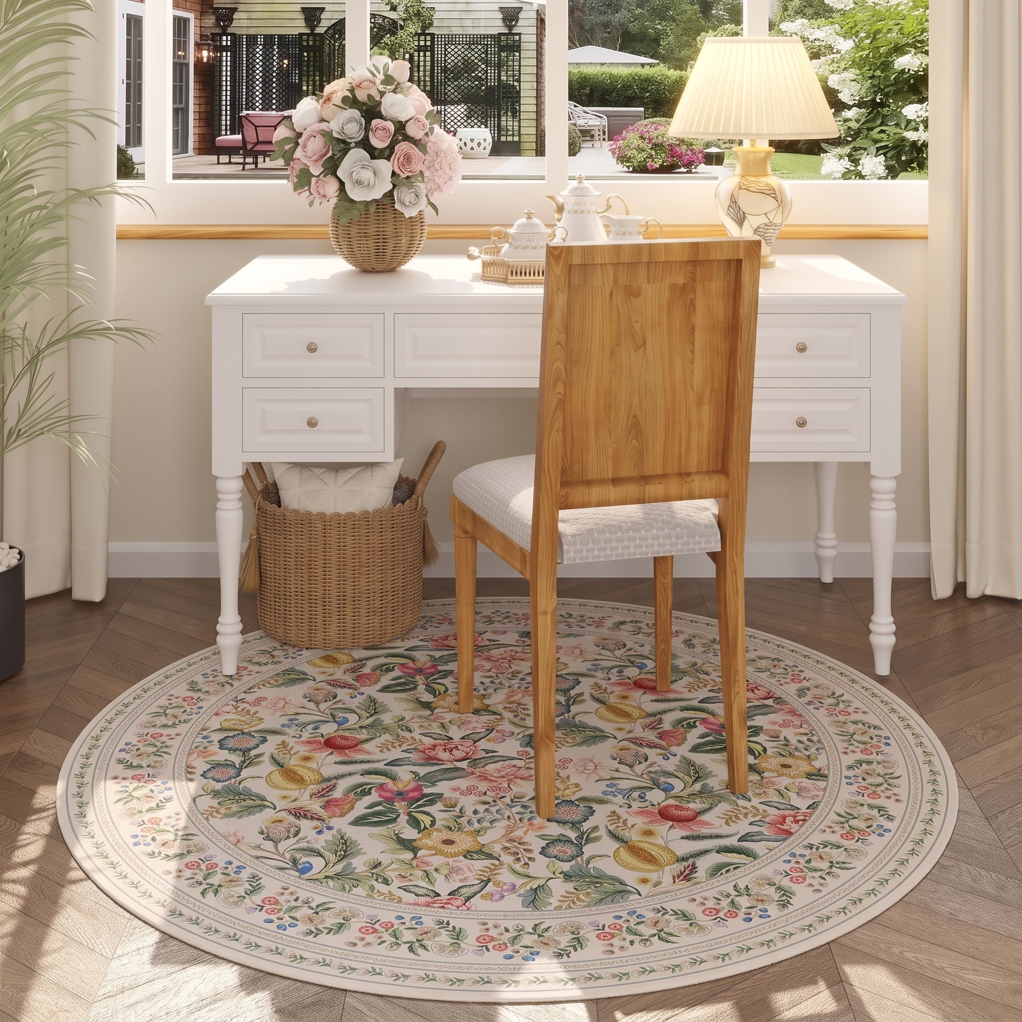 Vintage Botanical Chinoiserie Floral Print Round Rug
