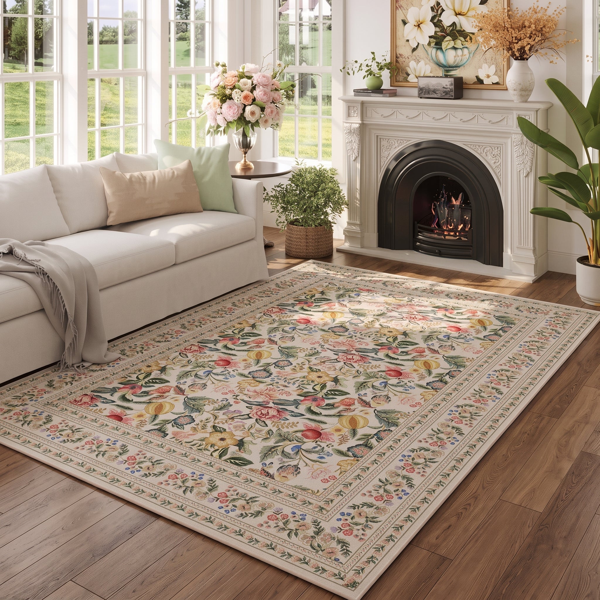 Rectangular Vintage Carpet with Chinoiserie Floral Pattern