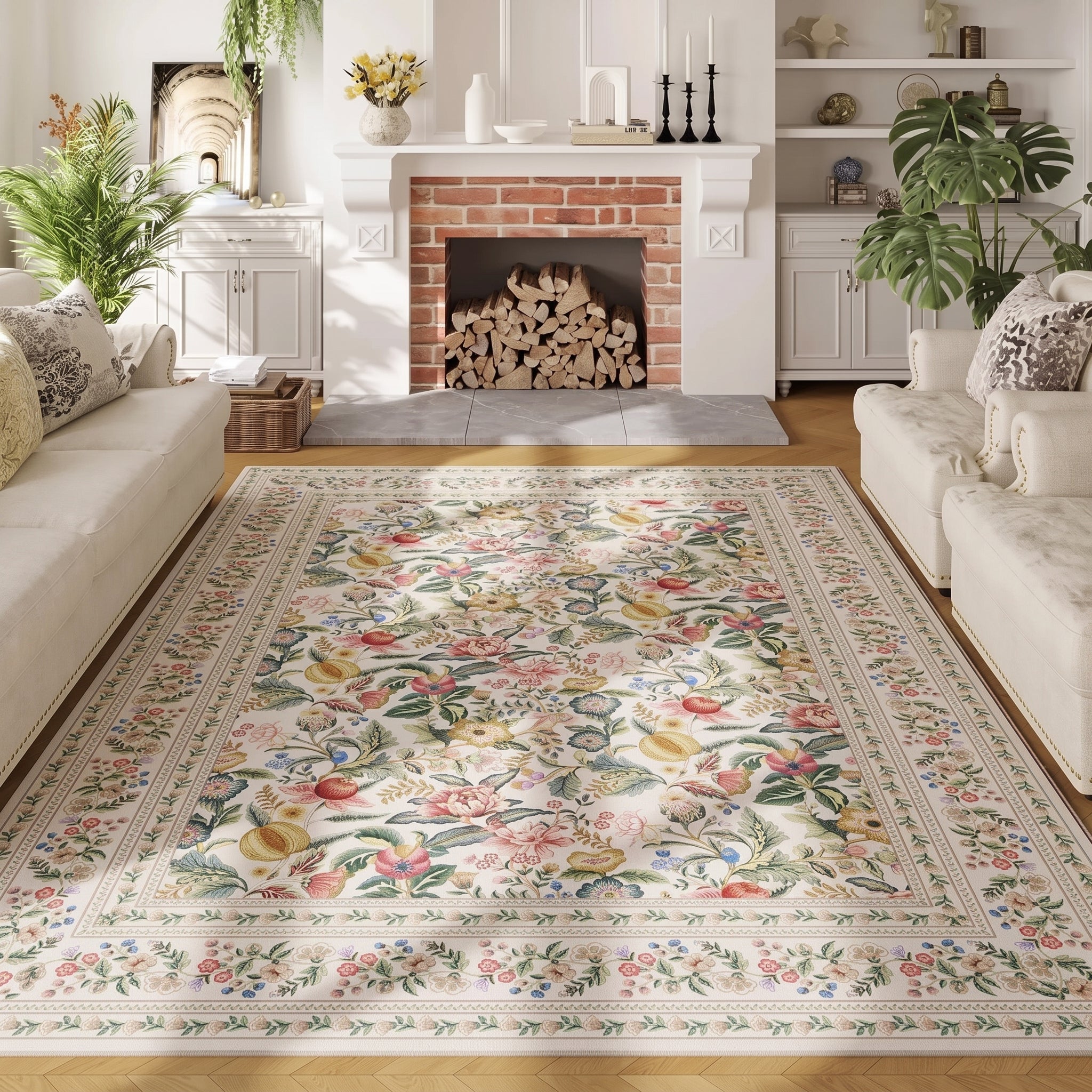 Rectangular Vintage Carpet with Chinoiserie Floral Pattern