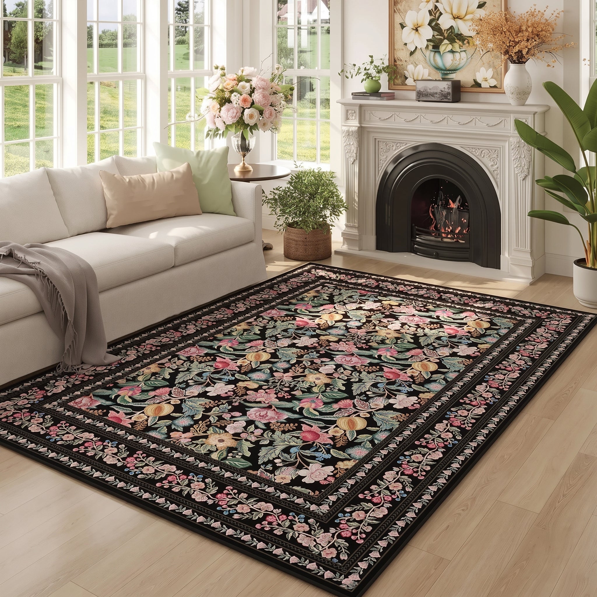 Rectangular Vintage Carpet with Chinoiserie Floral Pattern
