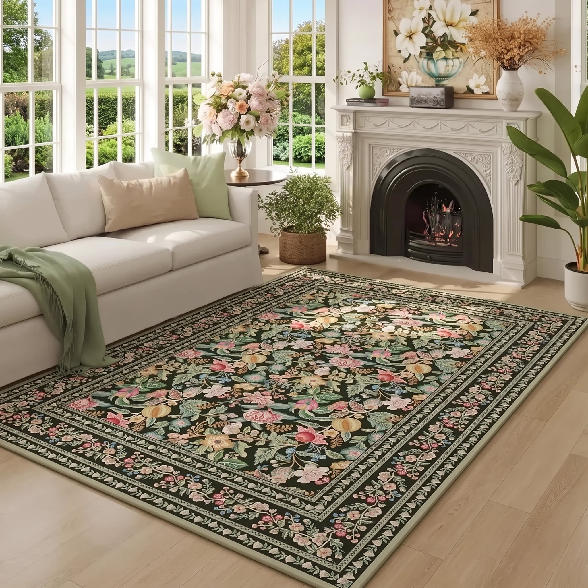 Rectangular Vintage Carpet with Chinoiserie Floral Pattern