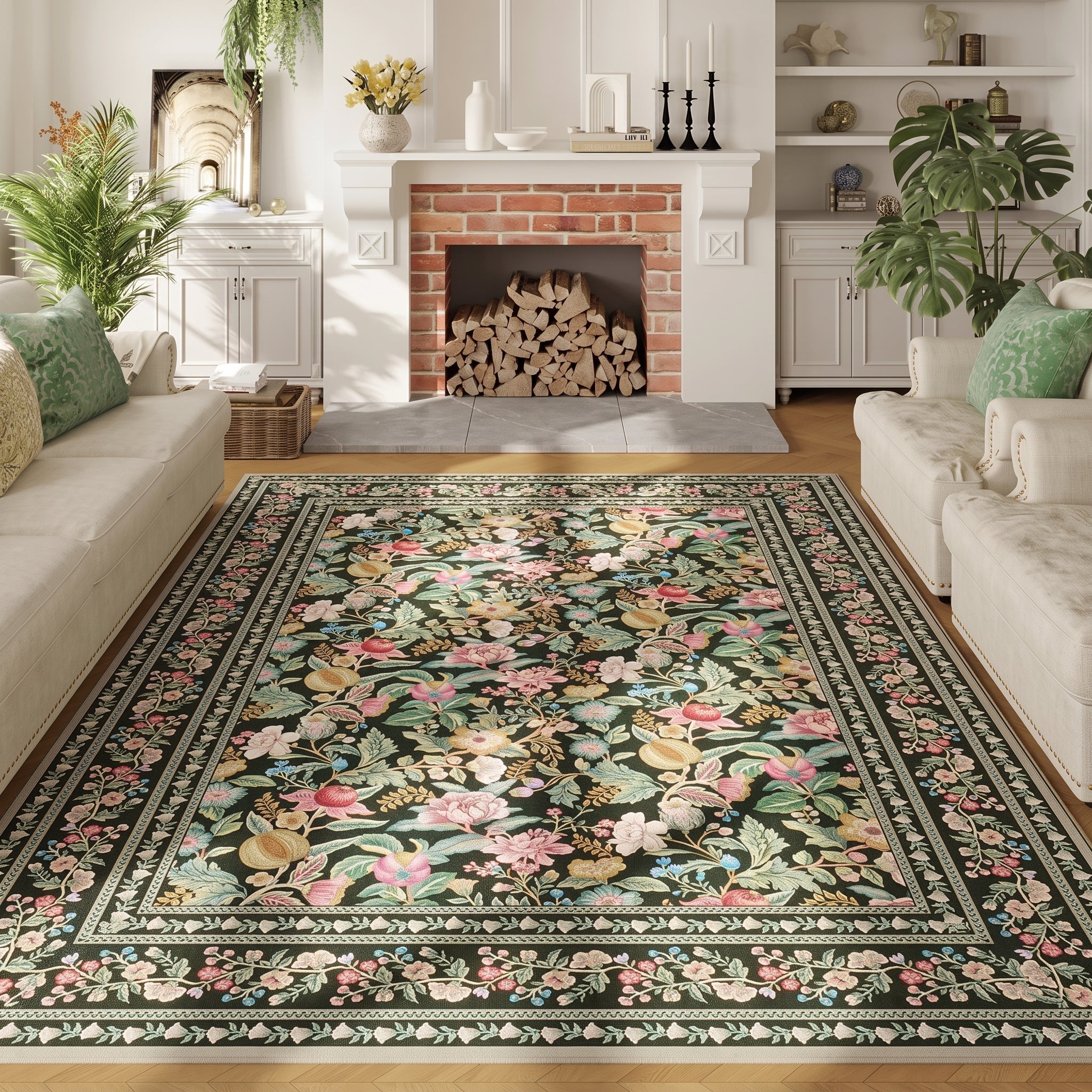 Rectangular Vintage Carpet with Chinoiserie Floral Pattern