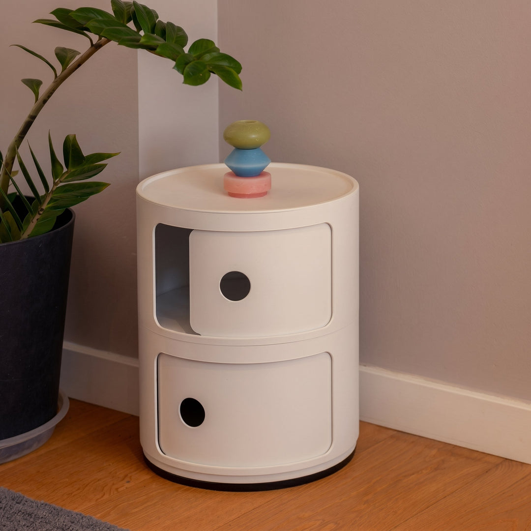Cylindrical Bedside Table with Revolving Doors and Compartments