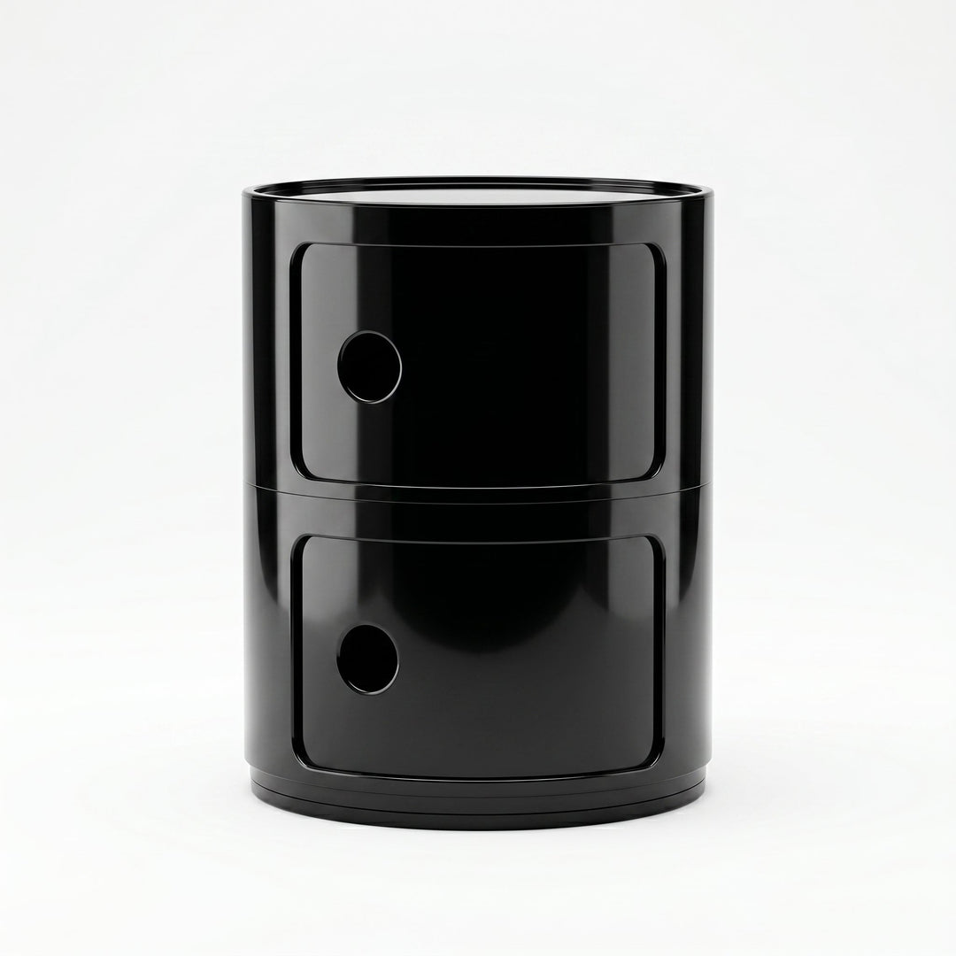 Cylindrical Bedside Table with Revolving Doors and Compartments