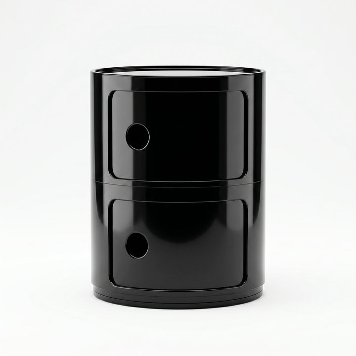 Cylindrical Bedside Table with Revolving Doors and Compartments