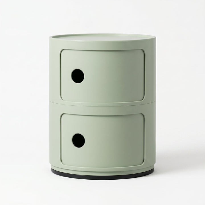 Cylindrical Bedside Table with Revolving Doors and Compartments
