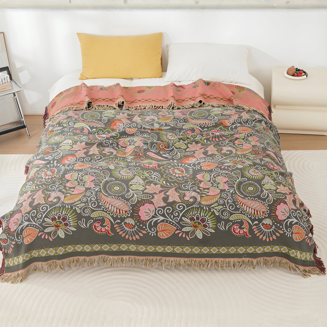 Floral Throw Blanket With Fringed Edge For Bedroom