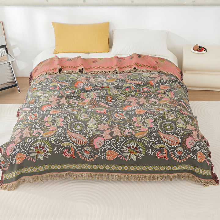 Floral Throw Blanket With Fringed Edge For Bedroom